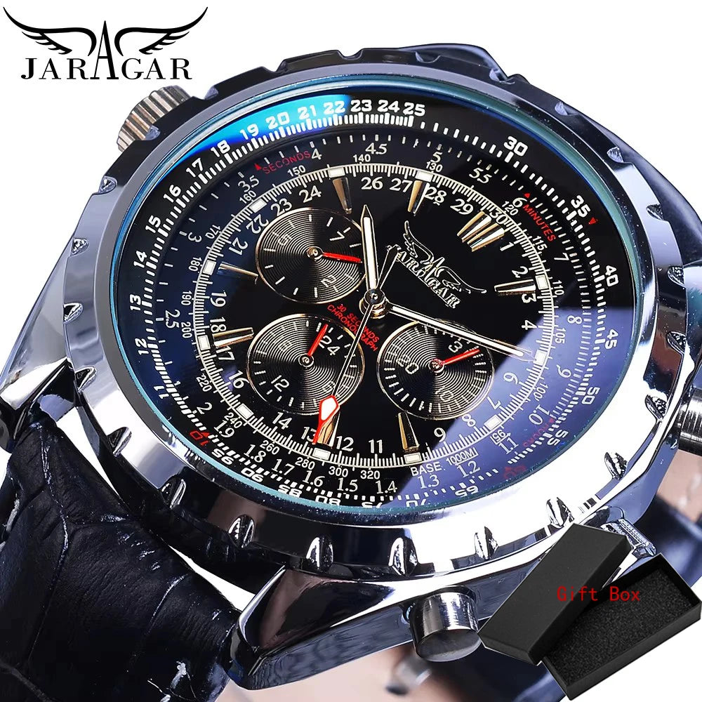 JARAGAR Military Watch for Men Mechanical Wristwatches Top Brand Luxury Watches Mens Leather Strap Luminous Hands Clock relogio