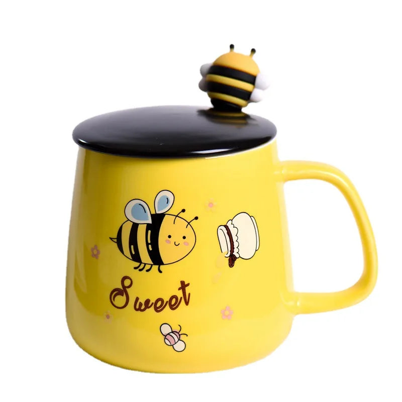 Ceramic Cartoon Bee Mug With Spoon Lid Ceramic Coffee Cups Free Shipping Original Breakfast Cups Christmas Gift Coffee Cup Sets - KIMLUD