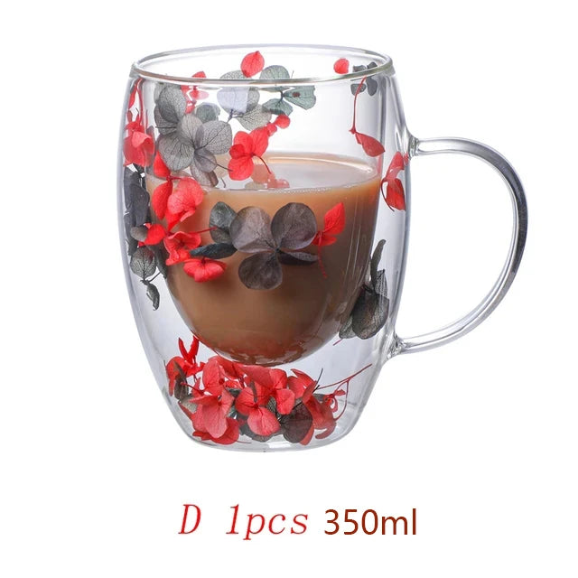 KIMLUD, 350ml Double Wall Coffee Mug With Handles Clear Milk Cups Gifts Glass Cup Fill Artificial Simulation Flowers Teacup, D / 350ml, KIMLUD APPAREL - Womens Clothes