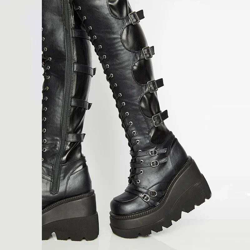 Punk Over-the-knee Boots Women Platform Heels Belt Buckle  Boot Motorcycle Goth Shoe Thigh High Flat Boots Plus Size 42 43