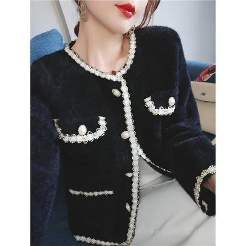 Tweed Style Women's Early Spring New Fashion Top Elegant Versatile Mink Knitted Cardigan Cropped Top Crew Neck Pattern