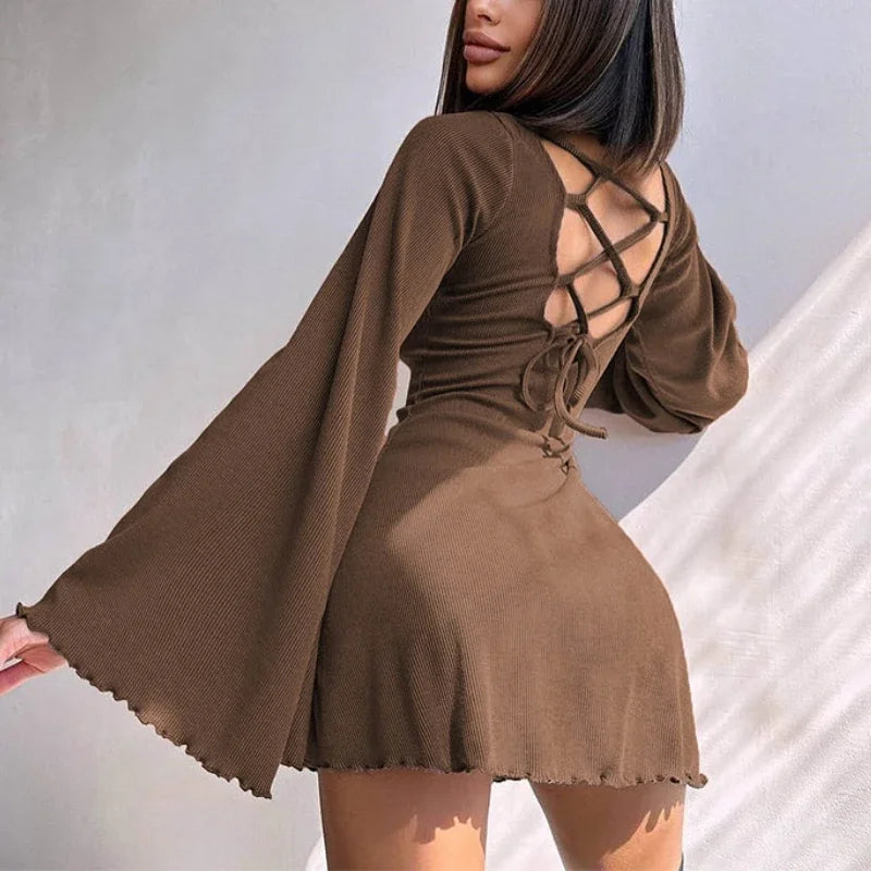 Sexy Dresses Nightclub Mini Short Party Dress Women Back Bandage O Neck A Line Flare Sleeves Autumn Vestidos Ladies Fall Robe