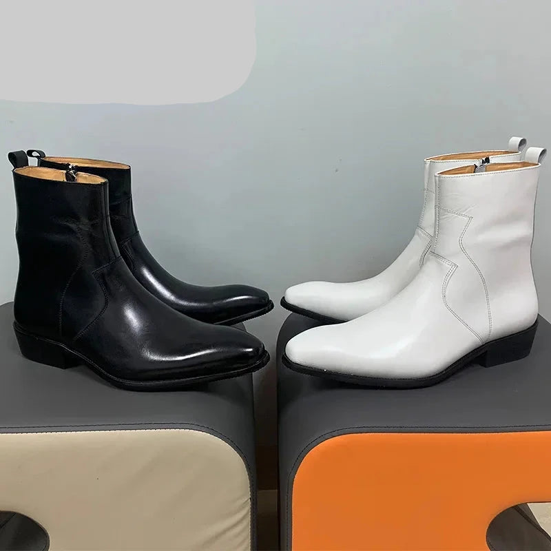 Luxury Brand Chelsea Boots High Grade Men Calf Boots Slip On Zipper Casual Men Dress Shoes White Black Leather Boots Men