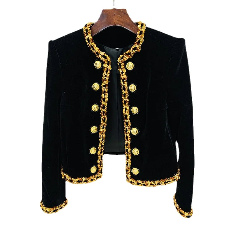 Luxury Long Sleeves Blazer Beaded Sequins Chain Velvet Short Jacket Female Lion Head Gold Button New in Outerwears Cardigan Coat