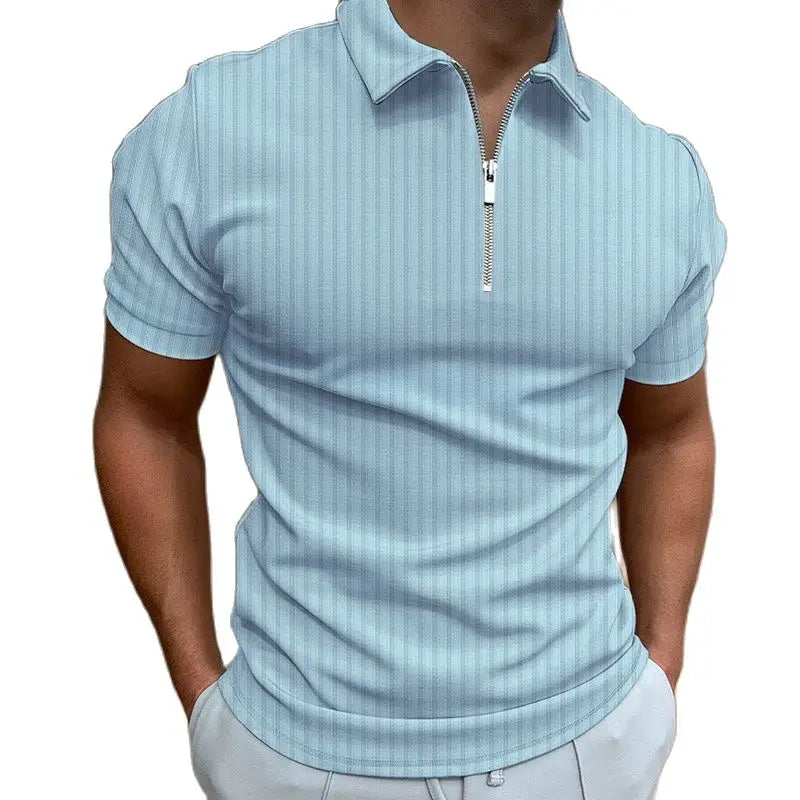 Men's Fashion Polo Shirts 2023 Summer Stripe Zipper Mens Polo Shirt Solid T-Shirt Brand Short-Sleeved Shirt Casual Slim Tops - KIMLUD