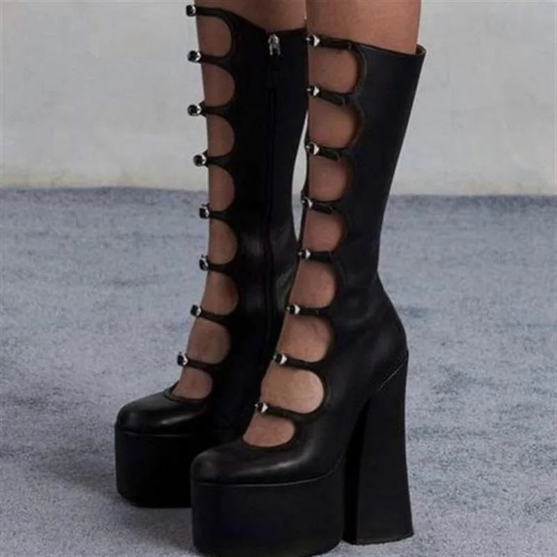 European and American Punk Style Spicy Girl Black Leather Buckle Thick Heel Cool Boots for Women Sexy Hollow Knight Boots