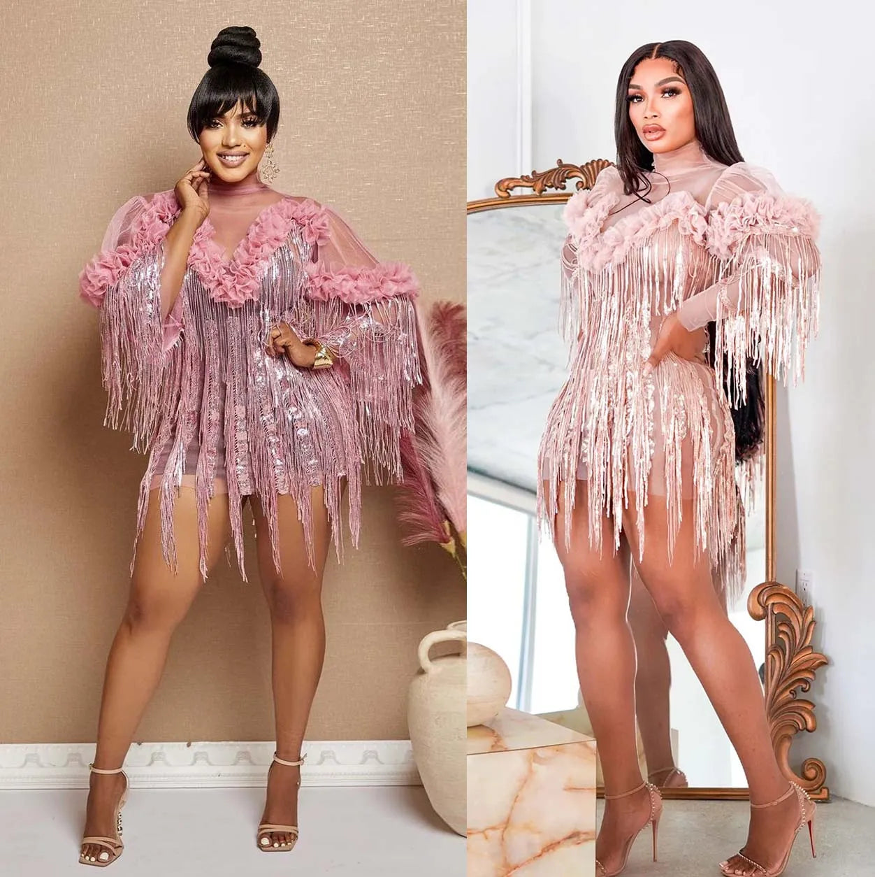 Pink Sequin Fringe Dress Lady Party Bodycon Evening Dresses 2024 Women Summer Elegant Luxury Mini Pleated Mesh Ruffle Dresses