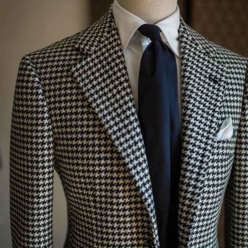 Houndstooth Business Blazer for Men 2023 Plaid Notched Lapel Suit Jacket Formal Male Fashion Coat