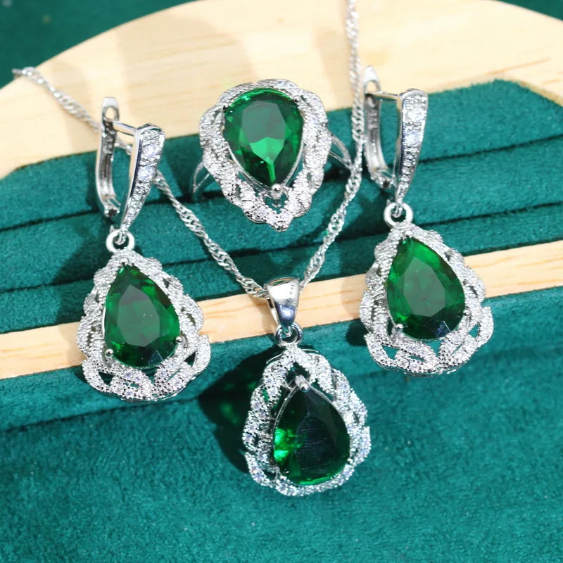 Classics Green Zircon 925 Silver Jewelry Sets for Women Wedding Bracelet Earrings Necklace Pendant Ring Dating Gifts