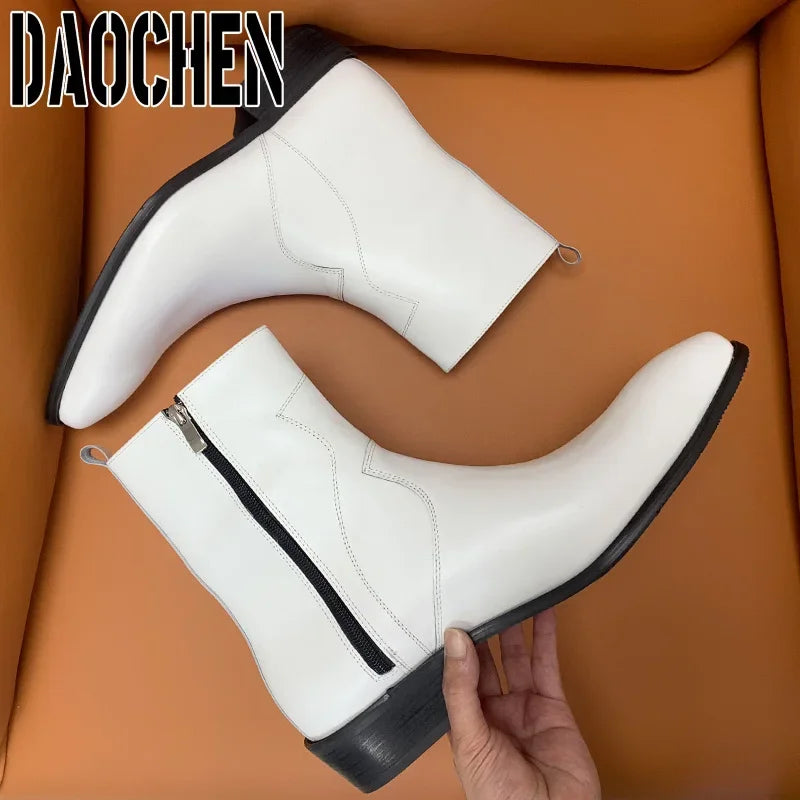 Luxury Brand Chelsea Boots High Grade Men Calf Boots Slip On Zipper Casual Men Dress Shoes White Black Leather Boots Men