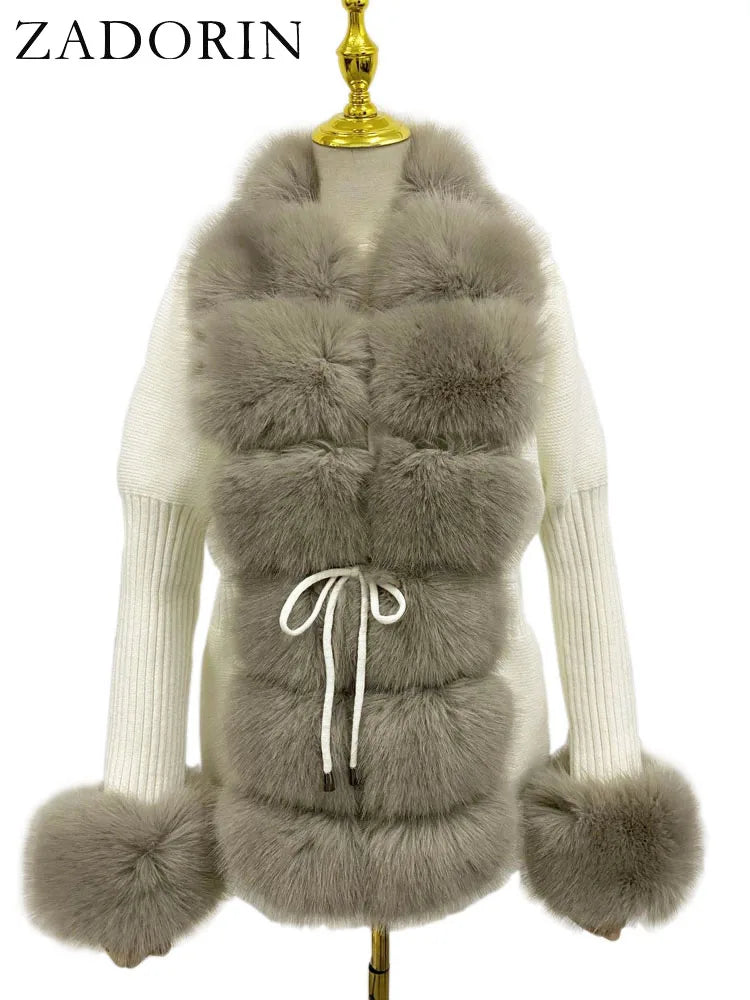 KIMLUD, ZADORIN Luxury Fur Cardigan Knit Winter Sweater Women Elegant Detachable Fur Belt White Pink Black Womens Cardigan Korea Style, White Khaki fur / XXXL, KIMLUD APPAREL - Womens Clothes