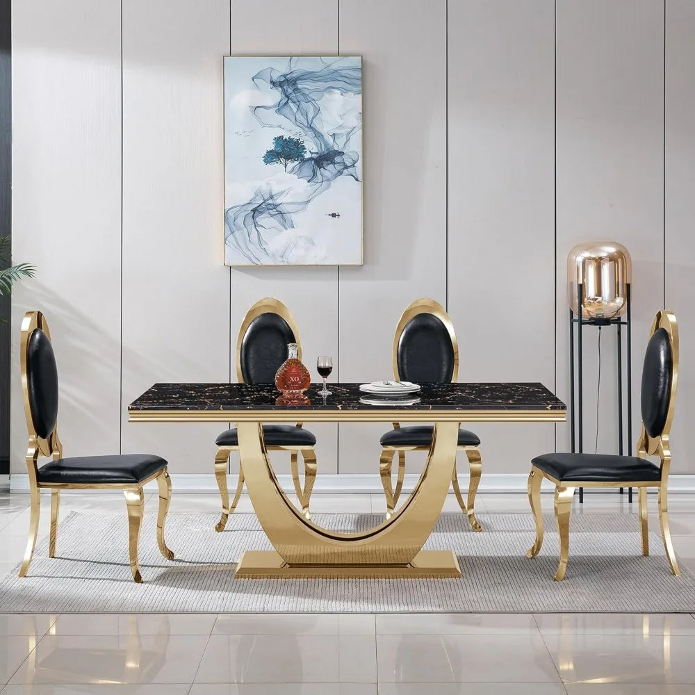 Modern Marble Dining Table, Luxurious Kitchen Table, Equipped with A Golden Geometric U-shaped Stainless Steel Base