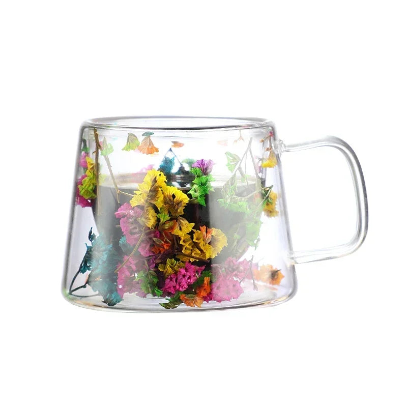 Double Wall Dry Flowers Transparent Glass Coffee Cup with Handle Double-layer Heat Insulation High Temperature Juice Milk Cup - KIMLUD