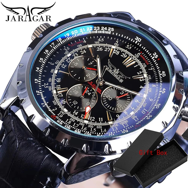 KIMLUD, Jaragar Automatic Mechanical Calendar Sport Watches Pilot Design Men's Wrist Watch Top Brand Luxury Fashion Male Leather, Black, KIMLUD APPAREL - Womens Clothes