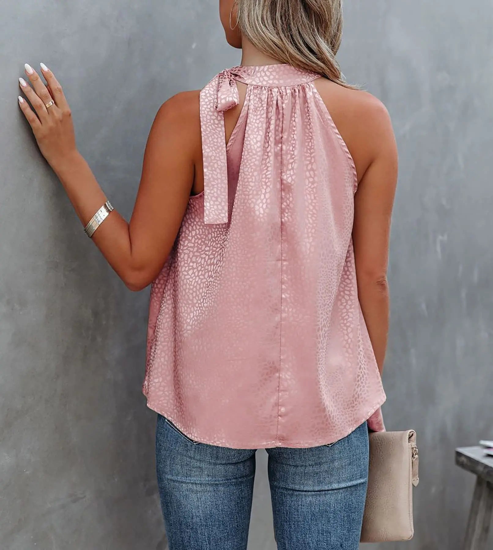 Women Summer Style Blouses Shirts Lady Casual Sleeveless Halter Collar Solid Color Blouse Tops DF5071 - KIMLUD