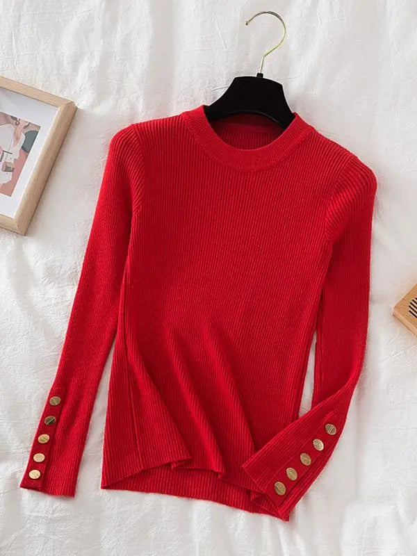 KIMLUD, 2024 women thick sweater pullovers khaki casual autumn winter button o-neck chic sweater female slim knit top soft jumper tops, Red / One Size, KIMLUD APPAREL - Womens Clothes