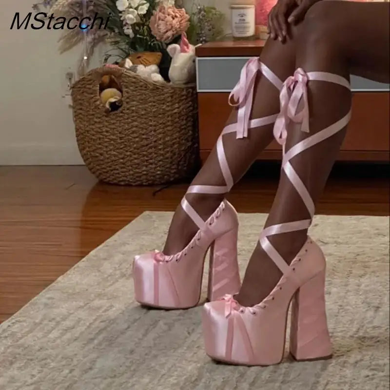 Lace Up Cross Straps Bow Lolita Shoes Women Platform Satin Sandals Sweet High Block Heels Square Toe Thick Bottom Women Pumps