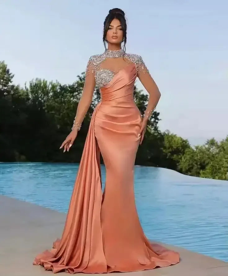 Dubai Sexy Mermaid Beading Evening Dresses High Neck Saudi Arabia Women Long Sleeve Customized Prom Gowns