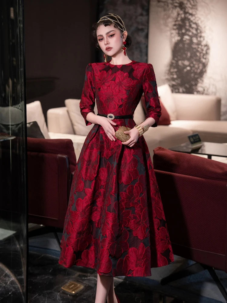 Tingfly Runway Designer High Quality Flower Jacard A Line Ball Gowns Party Dinner Dresses with Belt Lady Elegant Dress