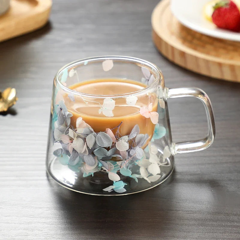 Double Wall Dry Flowers Transparent Glass Coffee Cup with Handle Double-layer Heat Insulation High Temperature Juice Milk Cup - KIMLUD