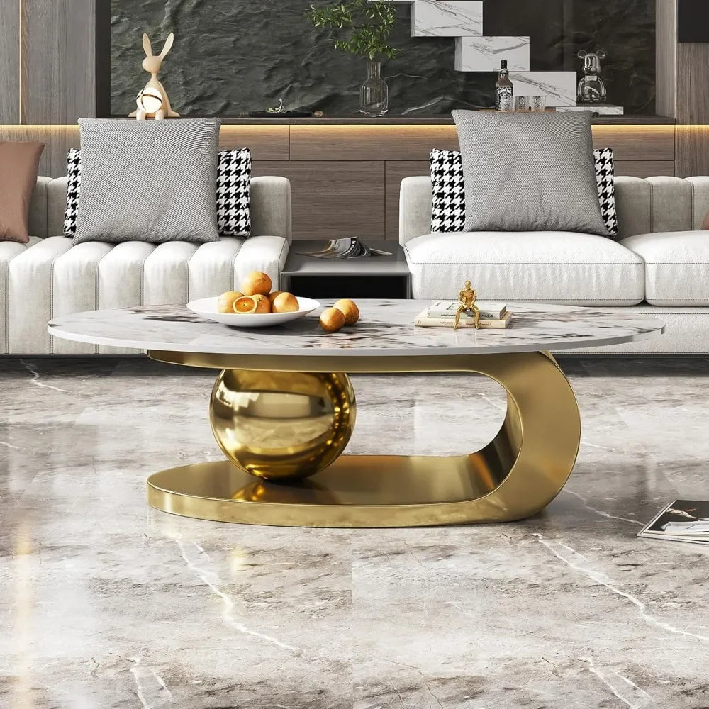 Modern Oval Stone Coffee Table with Abstract Gold Metal Base - Perfect Centerpiece for Stylish Living Rooms Coffee Tables