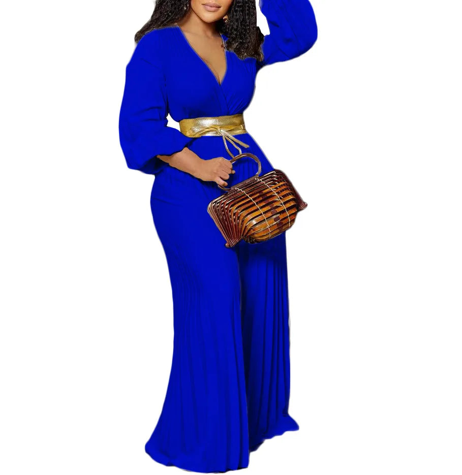 2022 Summer Fashion African Women Long Sleeve V-neck Polyester Yellow Blue Rose Red Long Jumpsuit African Jumpsuit S-3XL