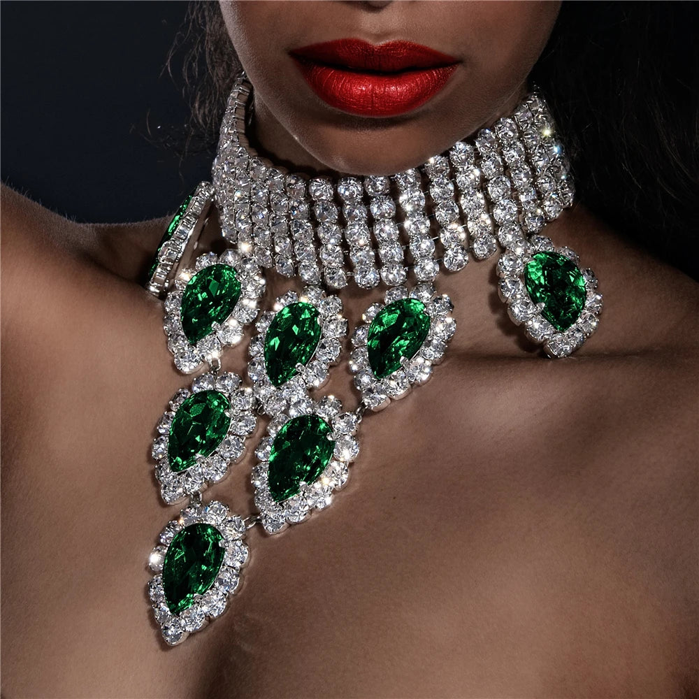 KIMLUD, New Luxury Green Large Crystal Pendant Necklace Ladies Exaggerated Fashion Super Sparkling Crystal Necklace Choker Jewelry Gift, KIMLUD Womens Clothes