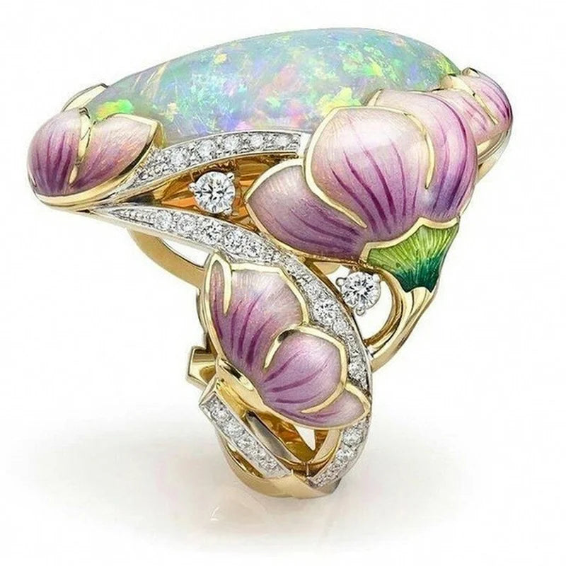 Delicate Fashion Gold Color Floral Ring Lavender Fuchsia Lotus Enamel Oval Cut Fire Stone Bridal Engagement Rings for Women