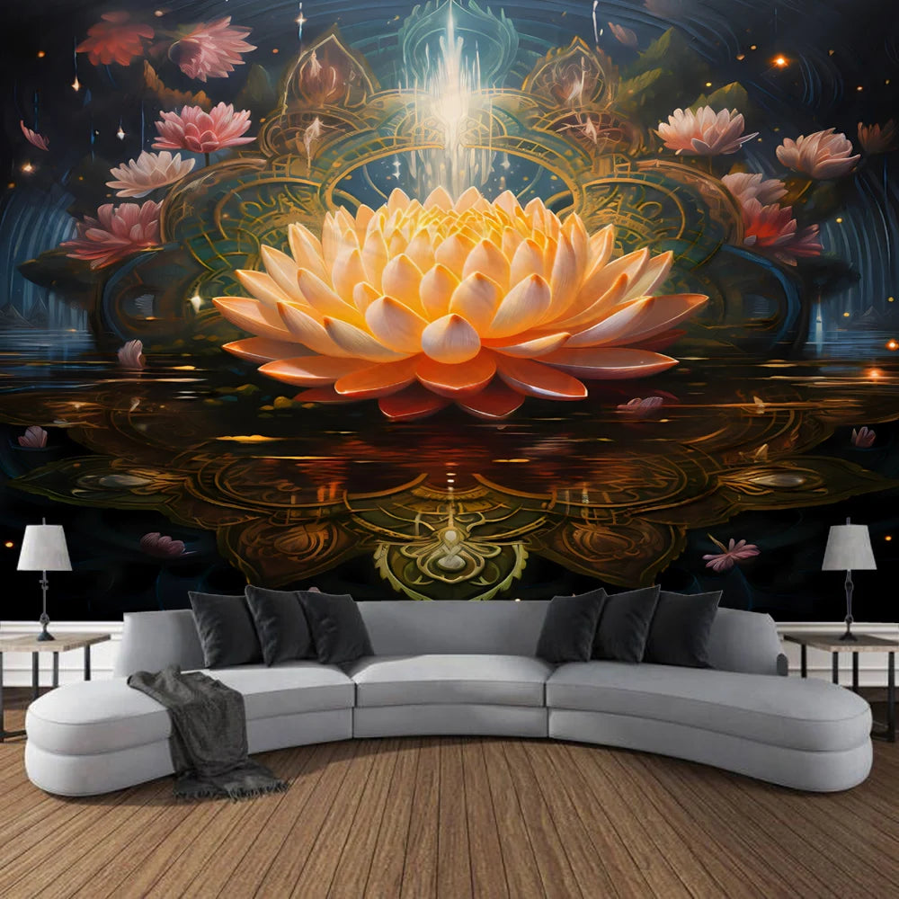 Meditation Lotus Tapestry Wall Art, Large Tapestry Mural Decoration, Home, Bedroom, Living Room Decoration - KIMLUD