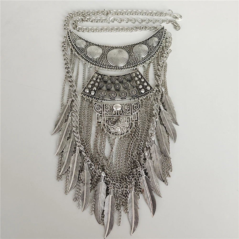 2024 New Indian Vintage Metal Chains Leaf Tassel Large Necklaces Pendants Women Punk Retro Silver Plated Statement Necklace Jewe - KIMLUD