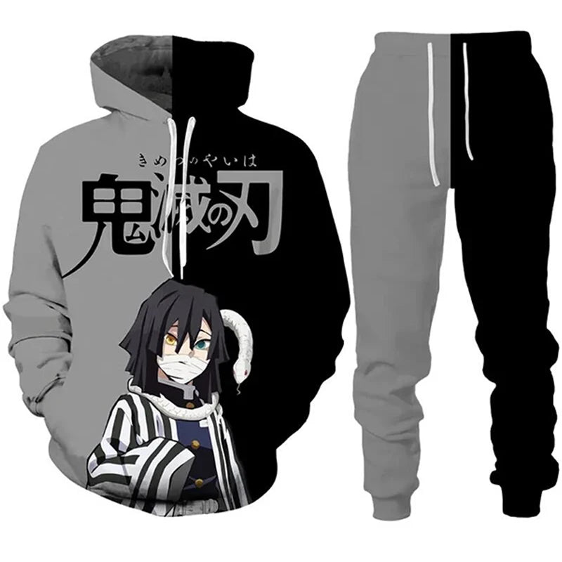 Anime Demon Slayer Hoodies 3D Printed Cosplay pants+Hoodie 2PCS Set Tracksuit Men Oversize Vintage Streetwear Hoodie Pants Sets