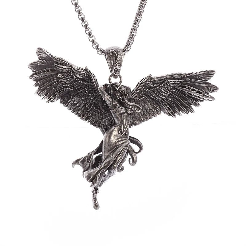 KIMLUD, Stainless Steel Creative Personality Prayer Angel Pendant Necklace Men and Women Fashion Trend Hip Hop Punk Accessories Jewelry, AL19578-Silver, KIMLUD APPAREL - Womens Clothes