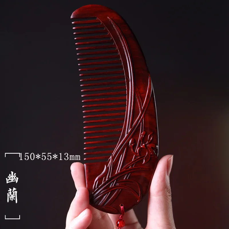 Natural Rhinoceros Horn Small Leaf Red Sandalwood Carved Wood Comb Retro Style Massage Comb Gifts with comb