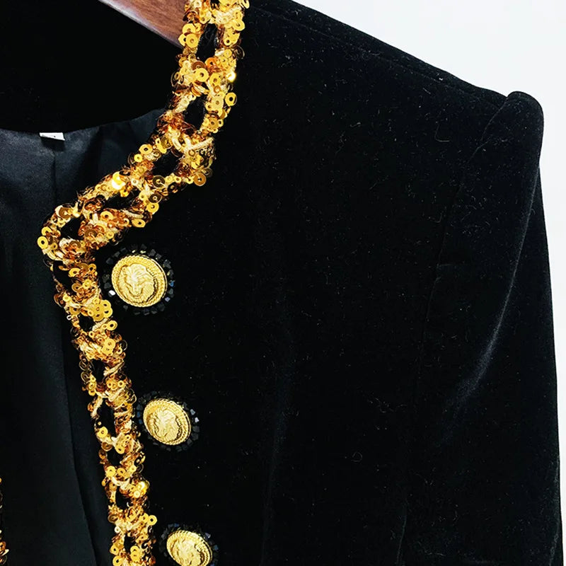 Luxury Long Sleeves Blazer Beaded Sequins Chain Velvet Short Jacket Female Lion Head Gold Button New in Outerwears Cardigan Coat