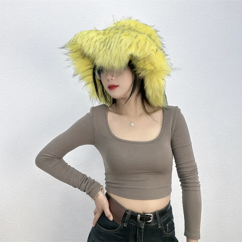 Winter Women Faux Fur Bucket Hat Warm Raccoon Fur Hat Oversize Outdoor Punk Hat Girl Fashion Long Fur Bucket Hat Furry Cute Cap