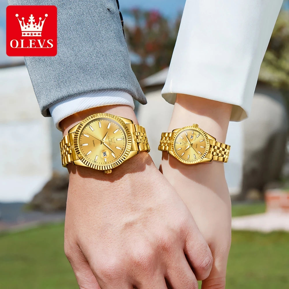 OLEVS Couple Watch Gold Stainless Steel Strap Quartz Watch His and Her Calendar Romantic Lover Original Luxury Male and Female