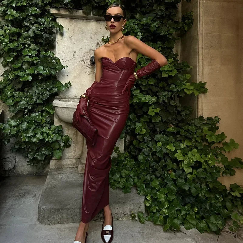 Vintage Leather Zipper Wrinkle Slim Bra Midi Dress Women Fashion Sleeveless Split High Waist Robes 2024 Lady Evening Party Wear