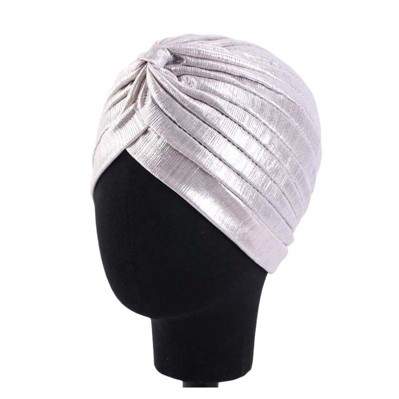 New Women's Metallic Pleated Knot Turban Hat Retro Ethnic Hat Elastic Head Wrap Shiny Beanies Head Scarf Bonnet Chemo Cap