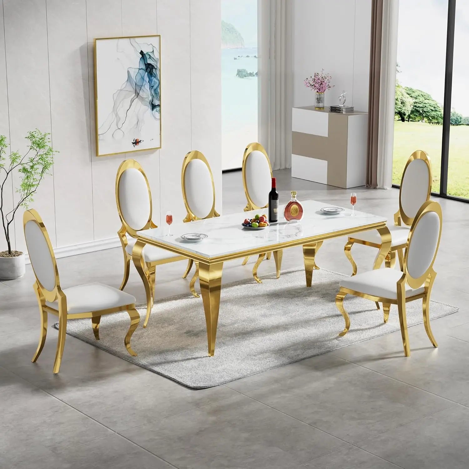 Modern Marble Dining Table, Luxurious Kitchen Table, Equipped with A Golden Geometric U-shaped Stainless Steel Base