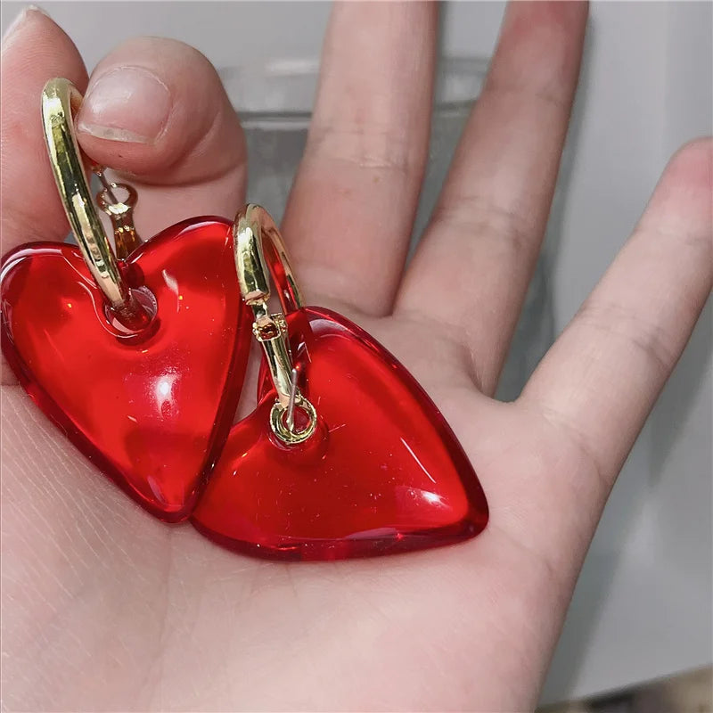 FFLACELL 2022 New Punk Vintage Metal Hoop Red Heart Drop Earrings for Women Girls Party Fashion Hip hop Jewelry Gifts