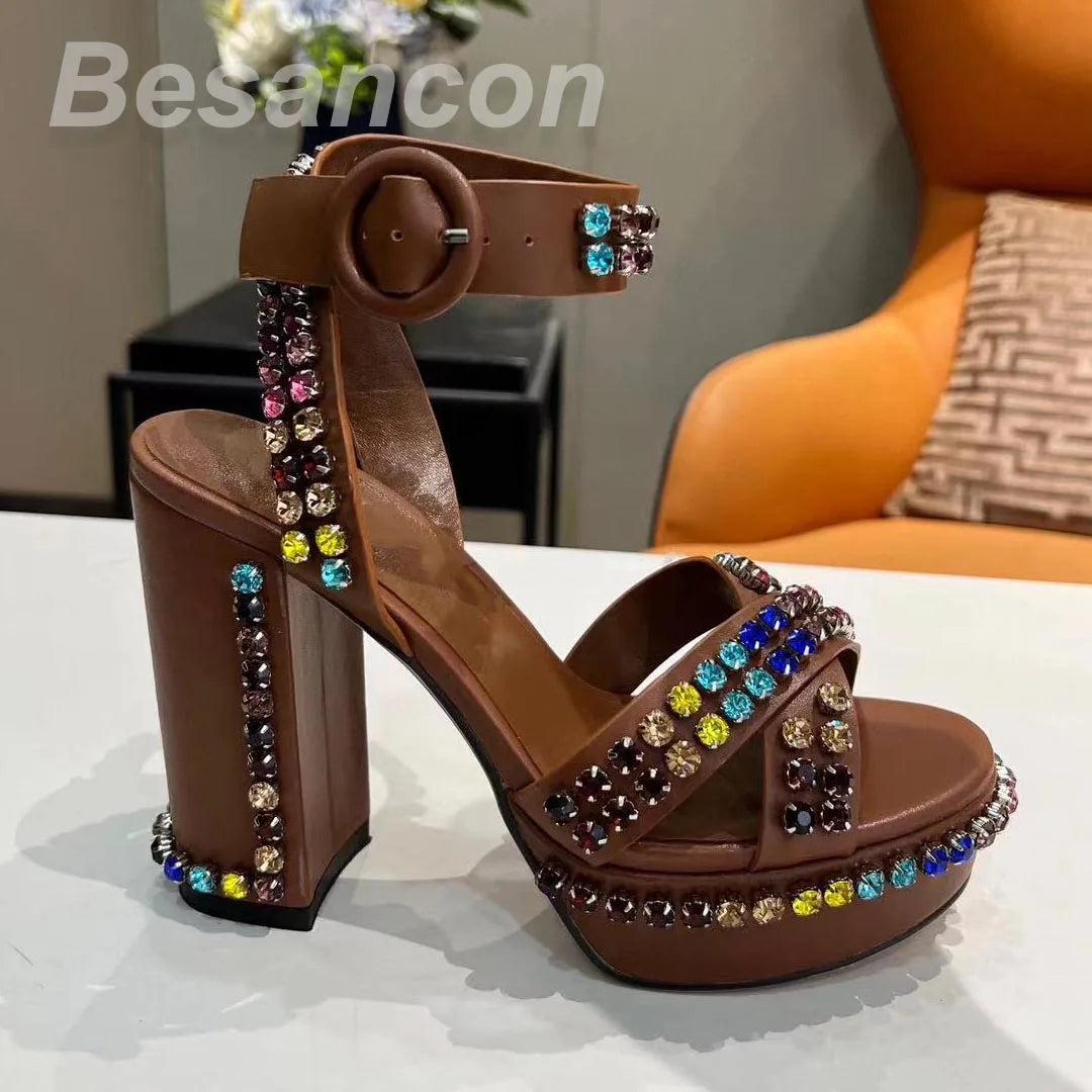 Besancon 2025 Classic style Women's high-heeled 12cm sandals Diamonds Genuine leather Oversized 41 42 Waterproof platform