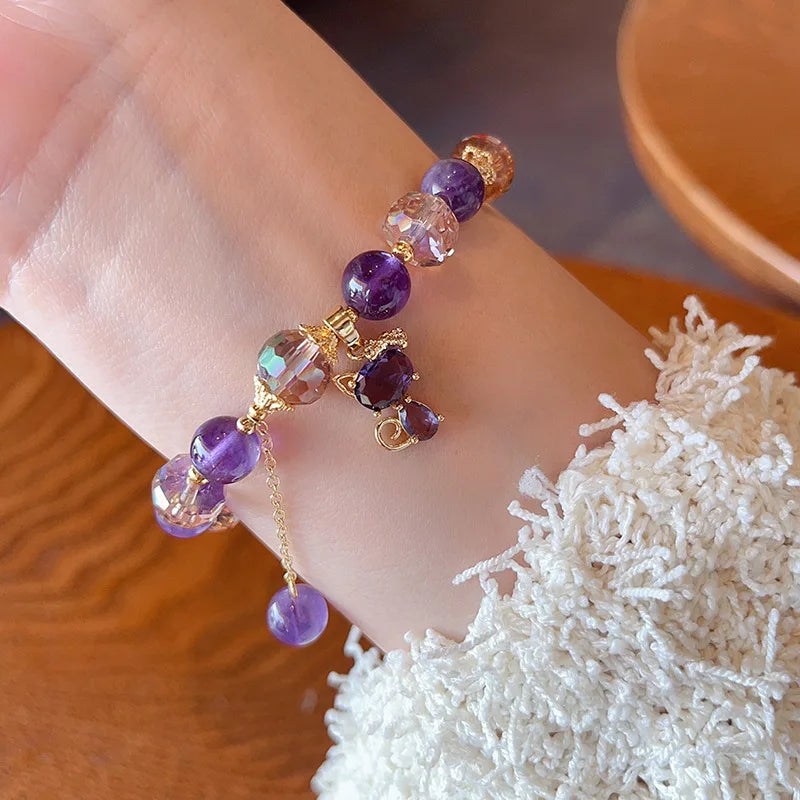 Natural Amethyst Bracelet  Women's Light Luxury Wishing Lucky Cat Beaded Pendant Hand Chain Best Friend Bangles Jewelry Gift