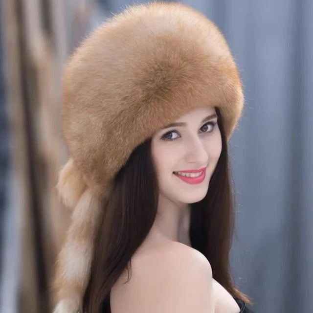 Real Fox Fur Hat Winter Natural Fur Snow Hat For Ladies Thick Outdoor Beanies Caps Russians Skiing Hats Bomber White Fur Caps