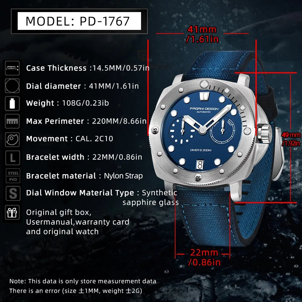 PAGANI Design New Men Automatic Mechanical Watches Diver Watch For Top Brand Luxury 200M Waterproof AR Sapphire Watch for Men