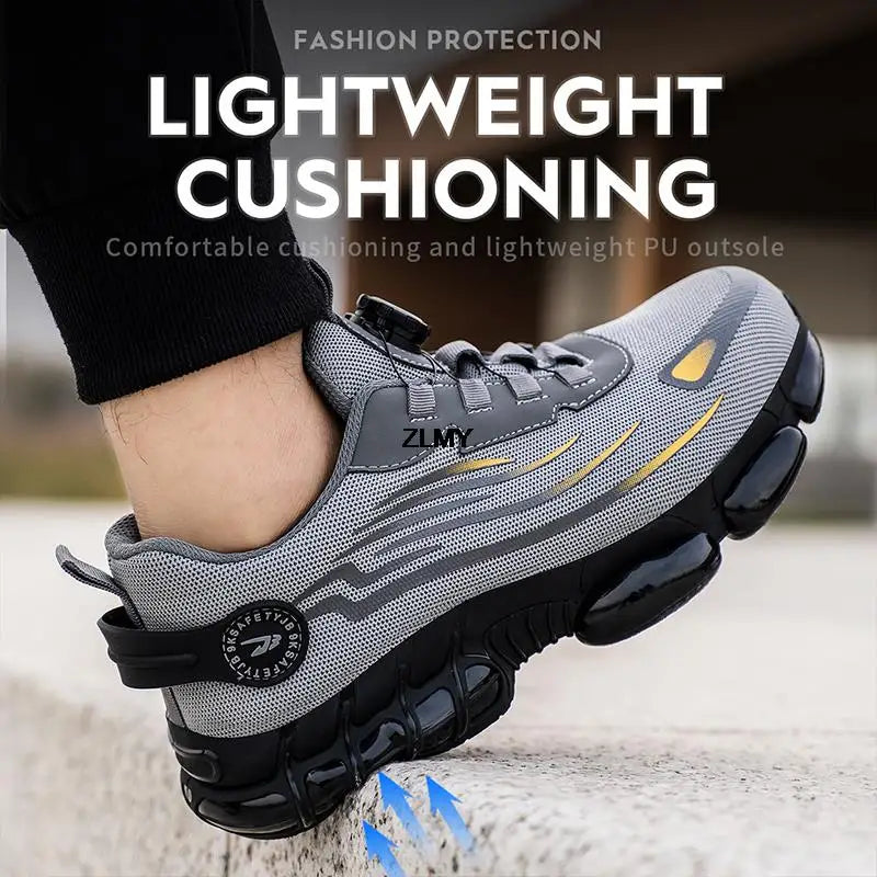 Rotary Button Safety Shoes Men Steel Toe Sneakers Puncture Proof Work Safety Boots Air Cushion Sport Work Shoes Anti-smash Boots - KIMLUD