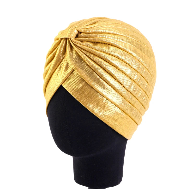 New Women's Metallic Pleated Knot Turban Hat Retro Ethnic Hat Elastic Head Wrap Shiny Beanies Head Scarf Bonnet Chemo Cap