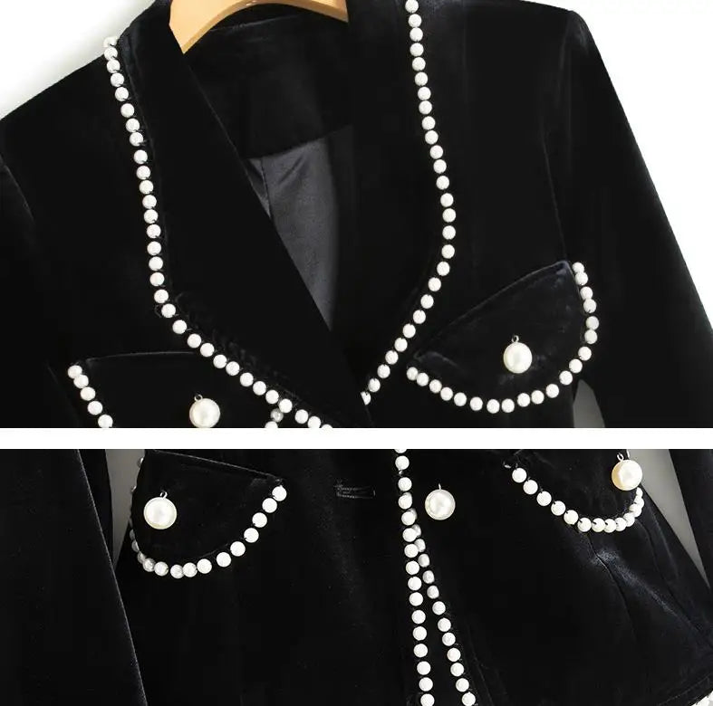 Women's beaded fashionable gold velvet suit jacket pocket slim coat