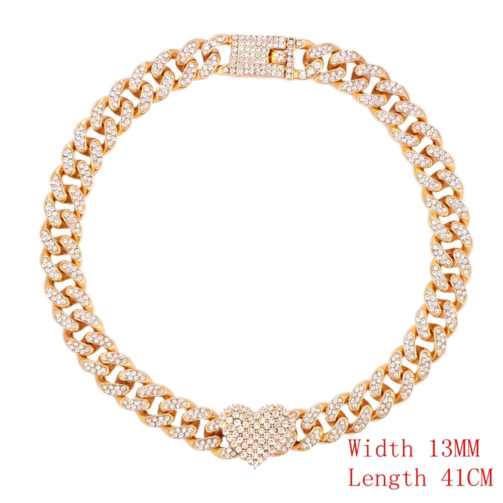 KIMLUD, Crystal Heart Cuban Link Chain Necklace for Women 15mm Bling Full Rhinestones Paved Heart Tennis Chain Necklace Hip Hop Jewelry, A070001GD, KIMLUD APPAREL - Womens Clothes