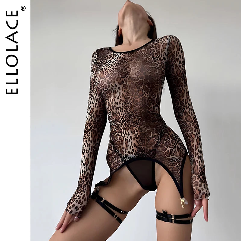 KIMLUD, Ellolace Leopard Body Suit Sexy Animal Print Bodycon Tops Tight Long Sleeve Fantasy Bodysuit Lace Kinky Sissy Outfit 2023, Leopard / S, KIMLUD APPAREL - Womens Clothes