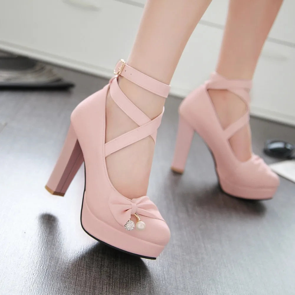 High Heels Women 2024 Trend Chunky Heels Platform Lolita Mary Jane Elegant Party Korean Shoes Dress White The Glossy Fashion - KIMLUD